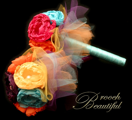 orange yellow teal purple tulle bridesmaid handmade peony bouquet