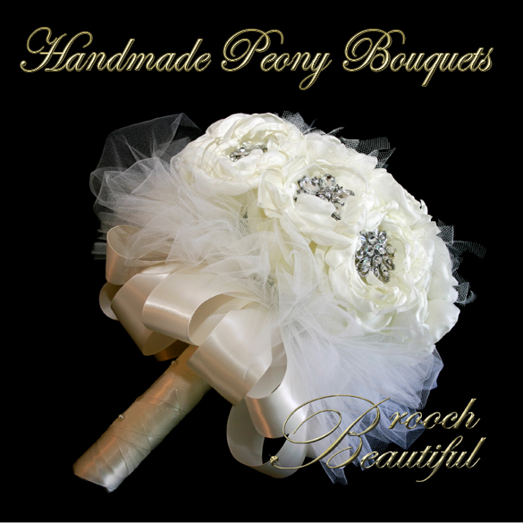 handmade fabric lining peony bouquet ivory white tulle brooch broach