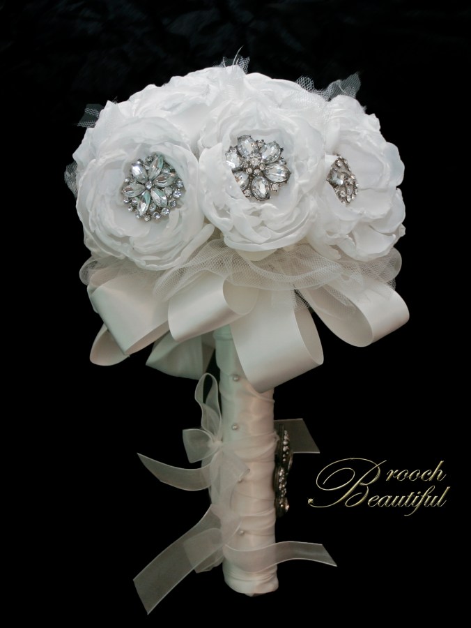 Winter white handmade peony & brooch bridal bouquet. Avant garde ribbon & tulle. artificial flower, silk, fabric, brooch beautiful