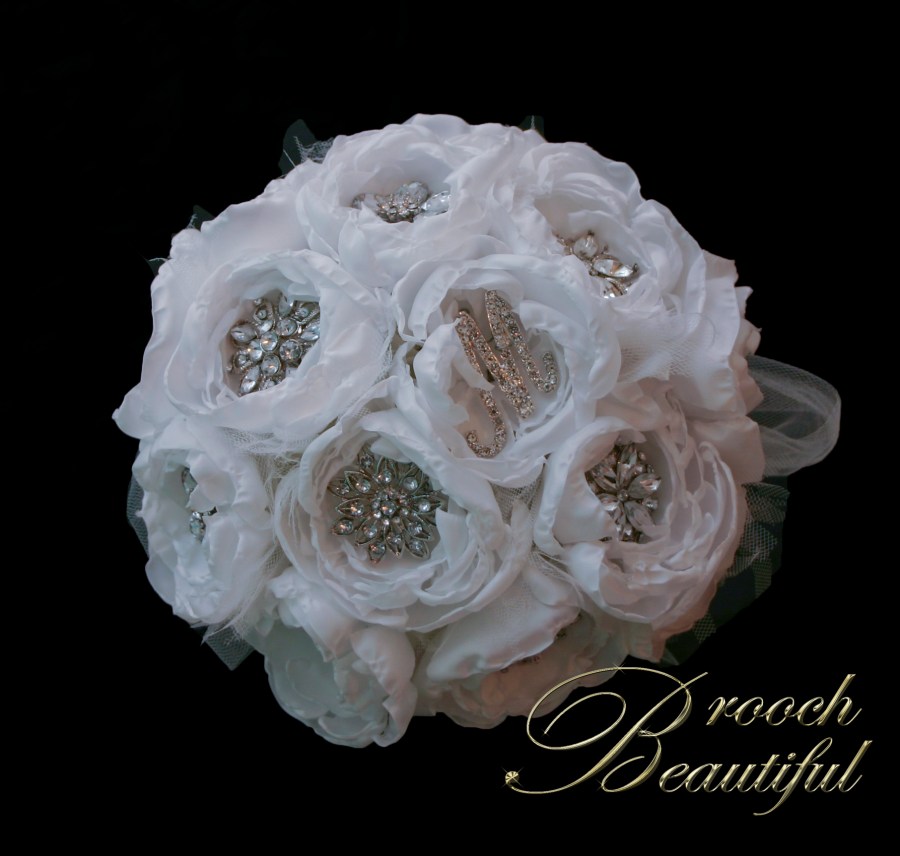 Winter white handmade peony & brooch bridal bouquet. Avant garde ribbon & tulle #broochbeautiful flur de lis white ivory bride rose peonies personlize initial
