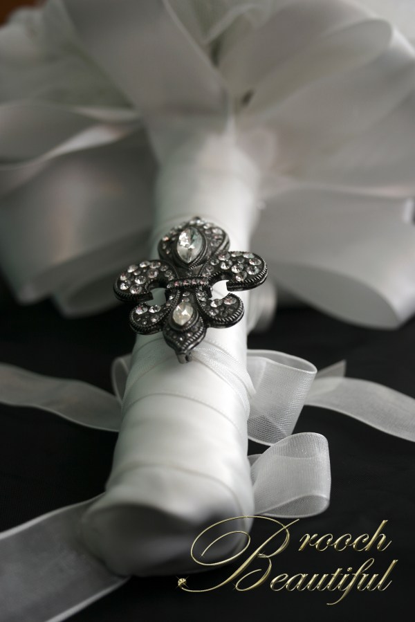 Winter white handmade peony & brooch bridal bouquet. Avant garde ribbon & tulle #broochbeautiful flur de lis white ivory bride rose peonies personlize