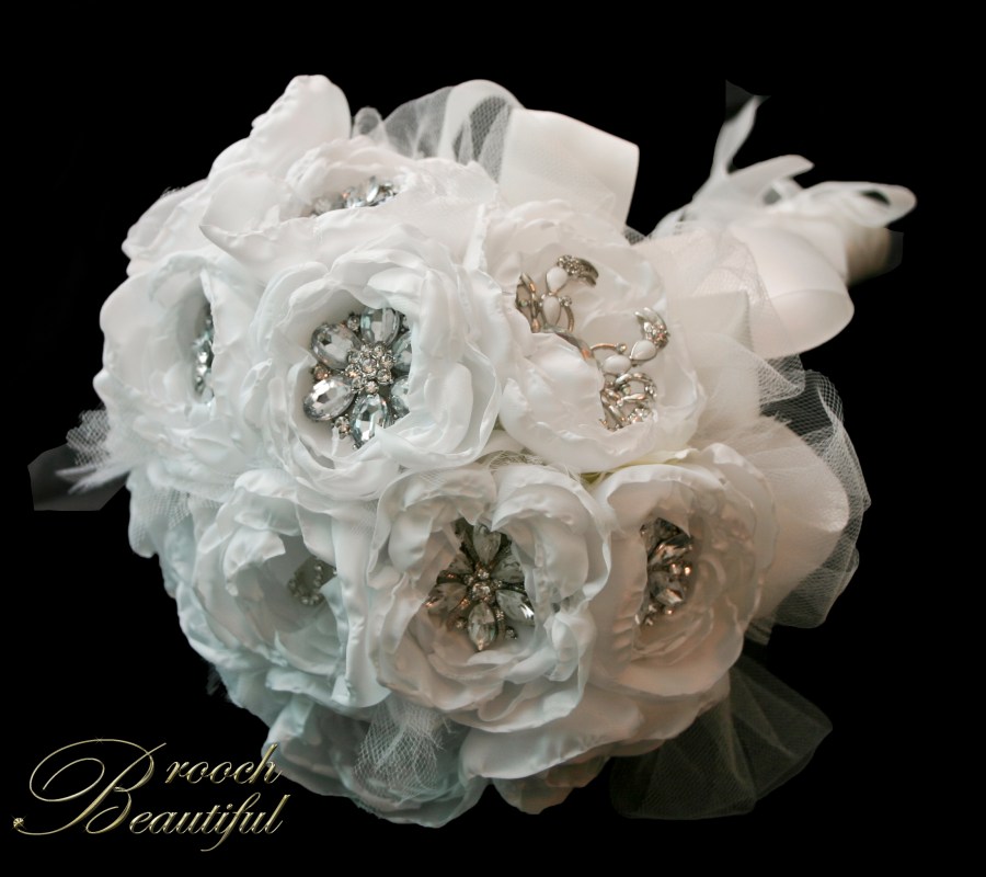 Winter white handmade peony & brooch bridal bouquet. Avant garde ribbon & tulle #broochbeautiful flur de lis white ivory bride rose peonies