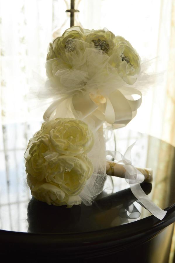 silk fabric peony rose bouquet gold pearl bridesmaid rhinestone