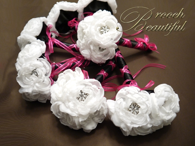 Hot pink, fuchsia, pink, black, satin, ribbon, bridesmaid, moh, flower girl, peony, white, peonies, brooch, bling